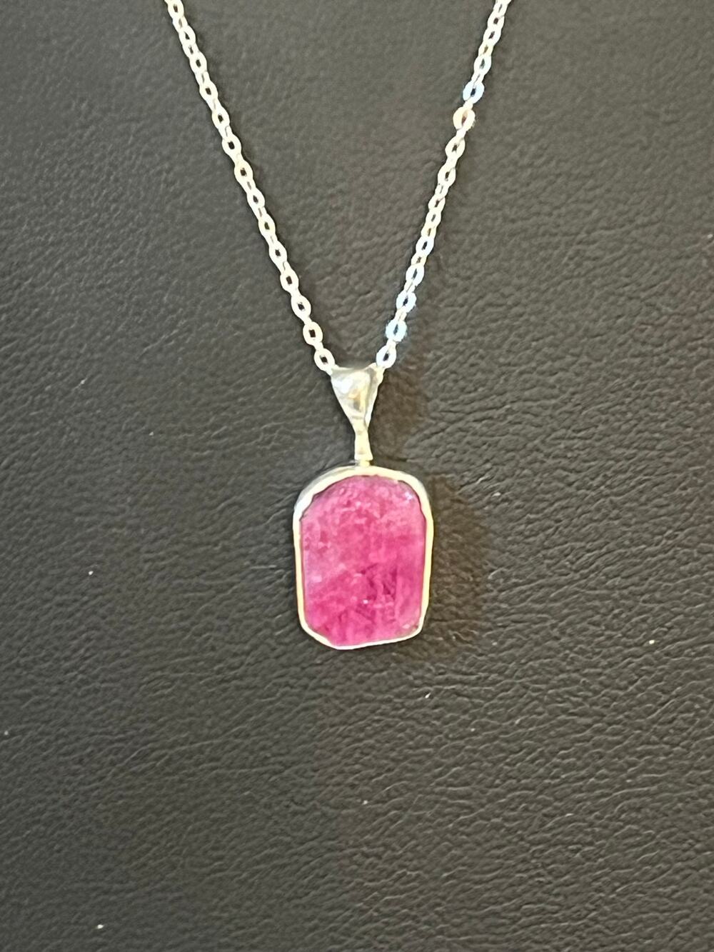 Sterling silver rough cut Ruby slice pendant necklace